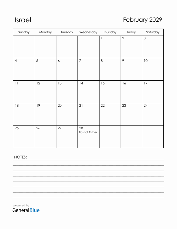 February 2029 Israel Calendar with Holidays (Sunday Start)