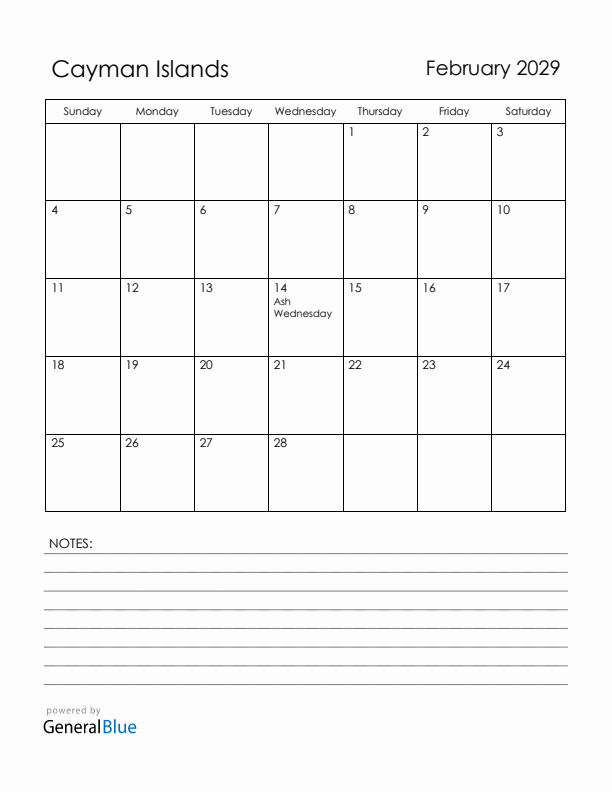 February 2029 Cayman Islands Calendar with Holidays (Sunday Start)
