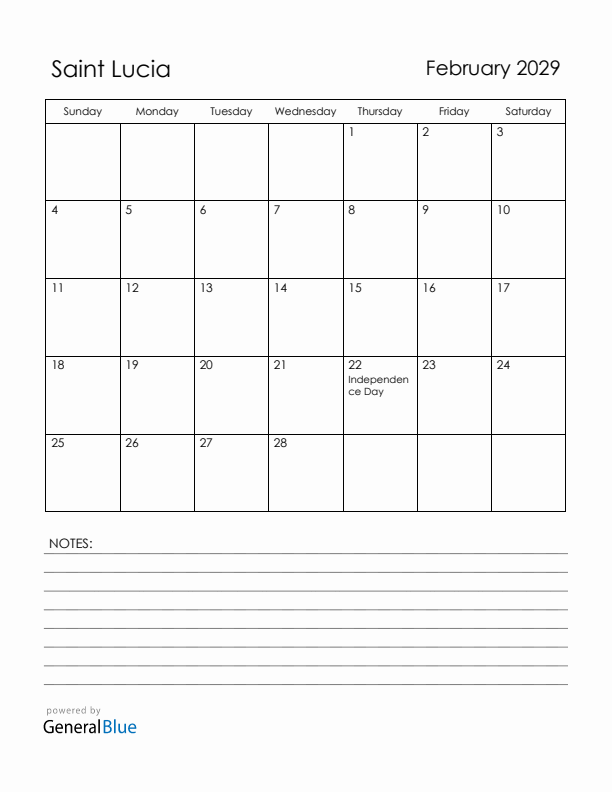 February 2029 Saint Lucia Calendar with Holidays (Sunday Start)