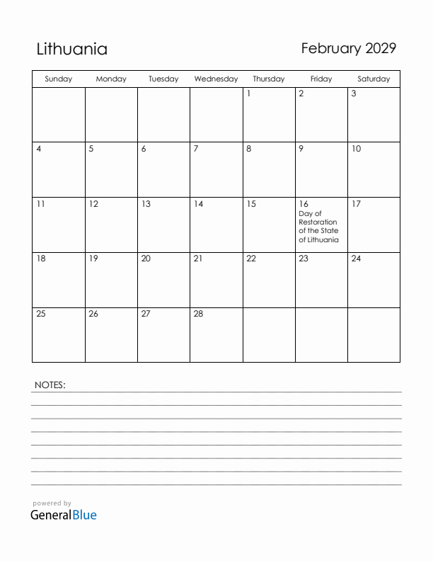 February 2029 Lithuania Calendar with Holidays (Sunday Start)