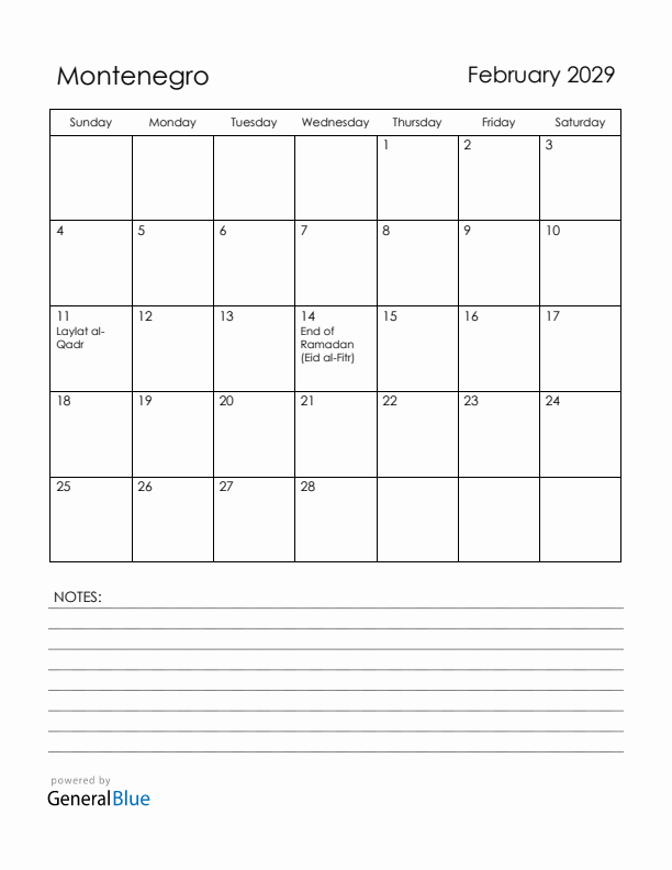 February 2029 Montenegro Calendar with Holidays (Sunday Start)