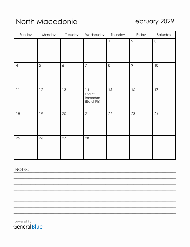 February 2029 North Macedonia Calendar with Holidays (Sunday Start)