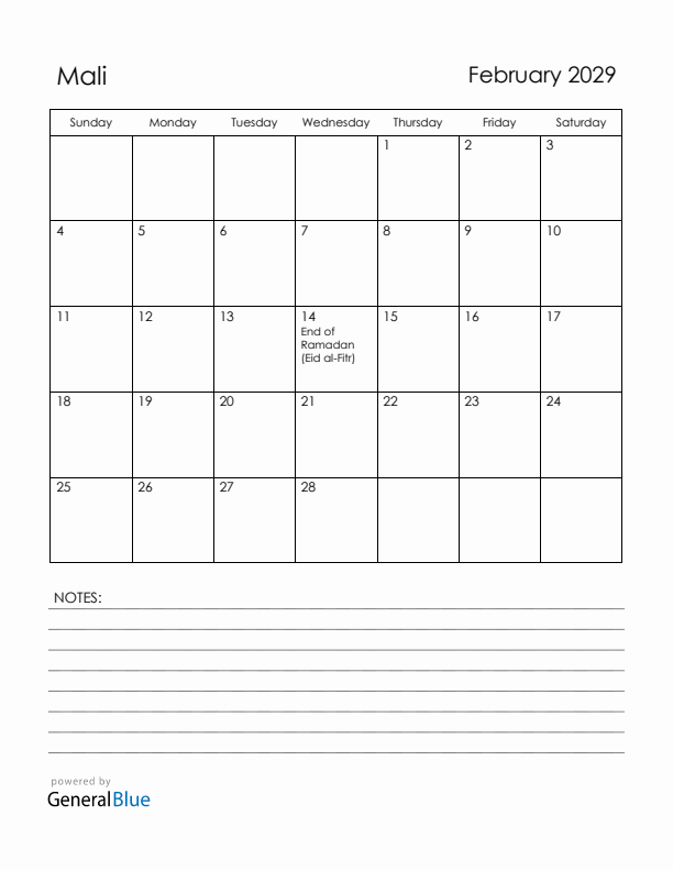 February 2029 Mali Calendar with Holidays (Sunday Start)