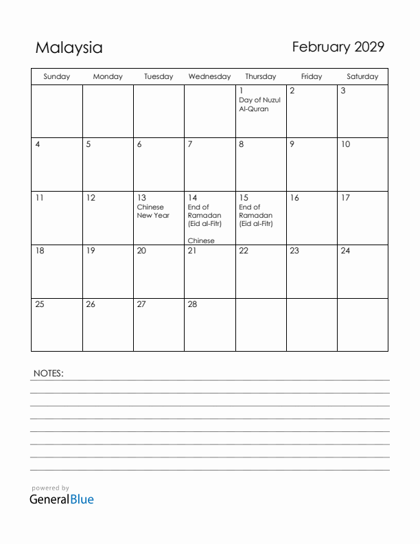 February 2029 Malaysia Calendar with Holidays (Sunday Start)