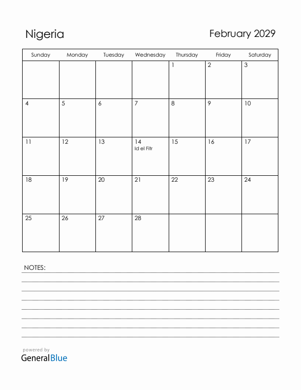 February 2029 Nigeria Calendar with Holidays (Sunday Start)