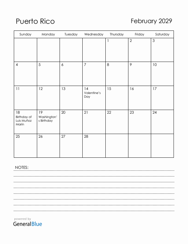 February 2029 Puerto Rico Calendar with Holidays (Sunday Start)