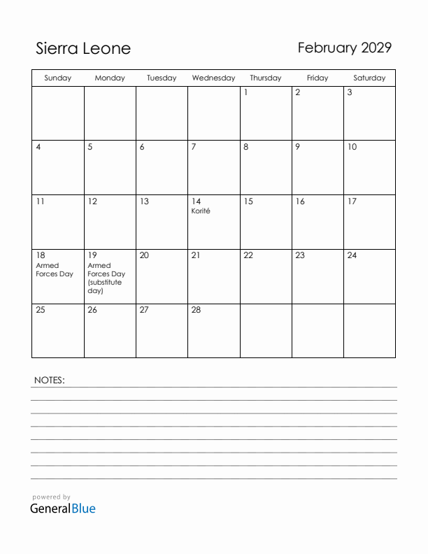 February 2029 Sierra Leone Calendar with Holidays (Sunday Start)
