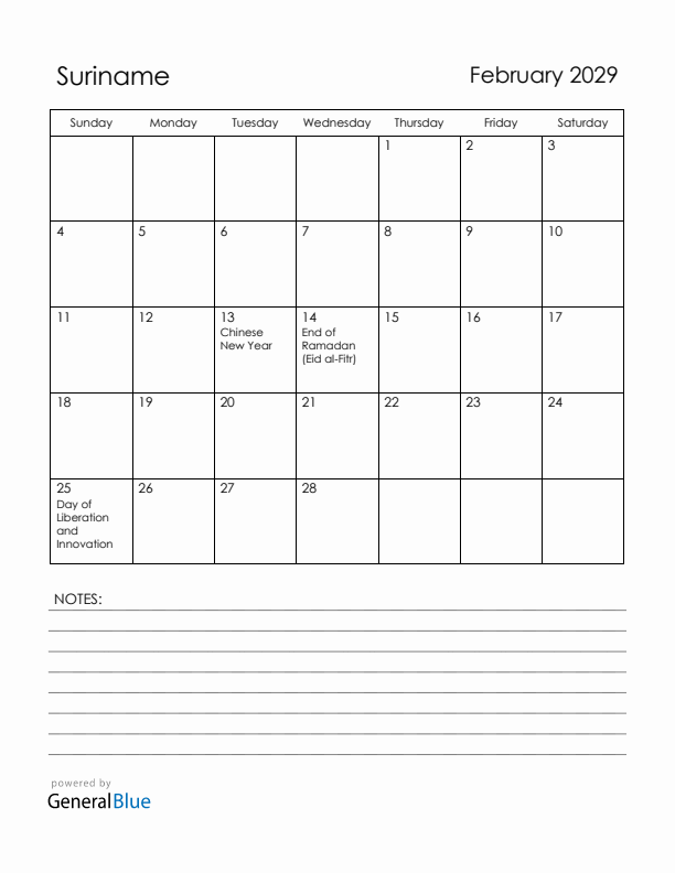 February 2029 Suriname Calendar with Holidays (Sunday Start)