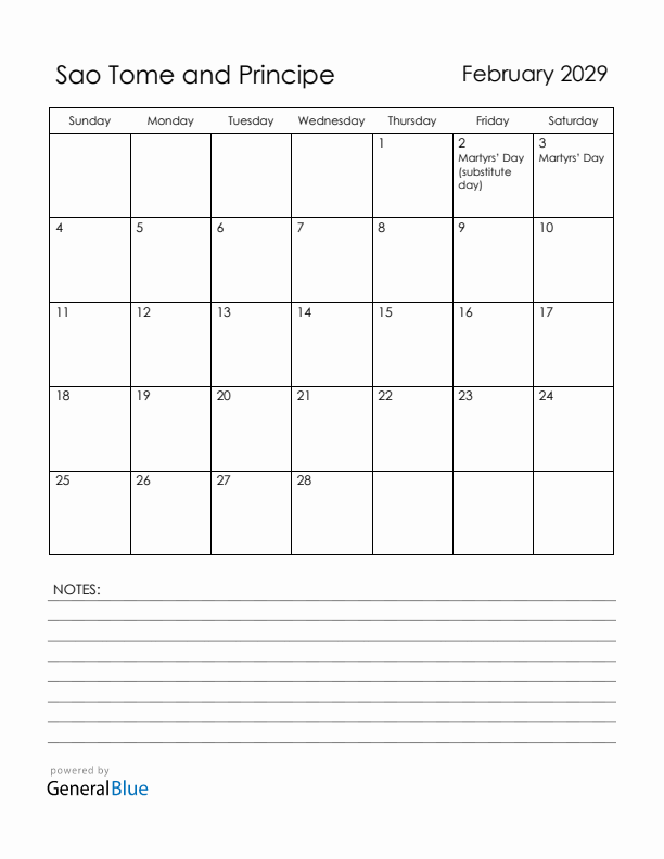 February 2029 Sao Tome and Principe Calendar with Holidays (Sunday Start)