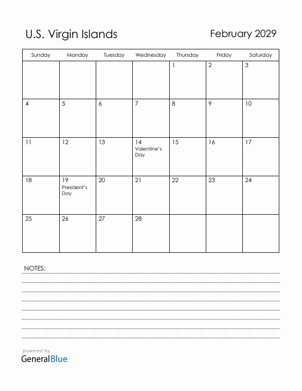 February 2029 U.S. Virgin Islands Calendar with Holidays (Sunday Start)