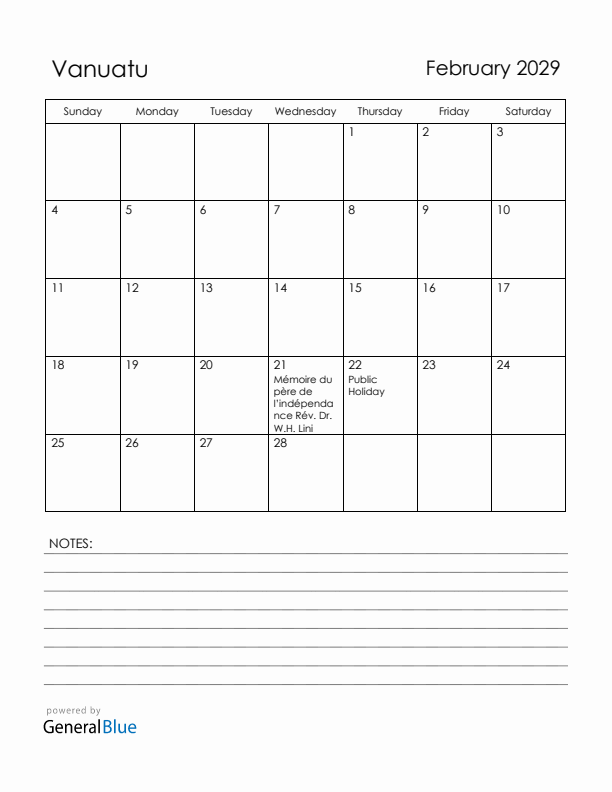 February 2029 Vanuatu Calendar with Holidays (Sunday Start)