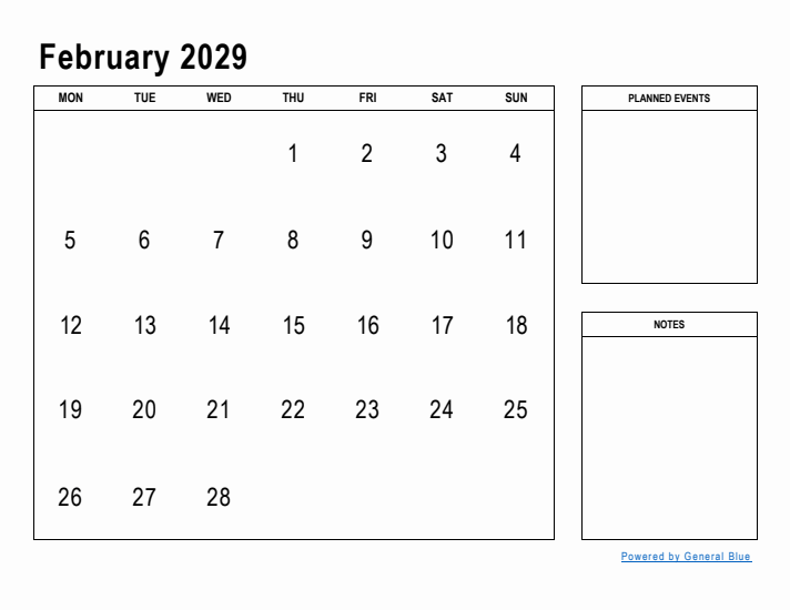 February 2029 Calendar Planner