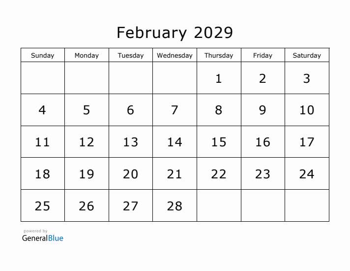 Printable February 2029 Calendar - Sunday Start
