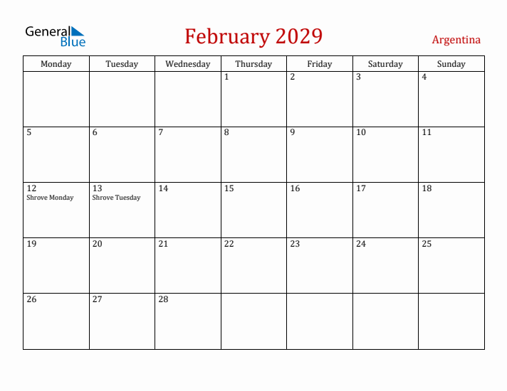 Argentina February 2029 Calendar - Monday Start