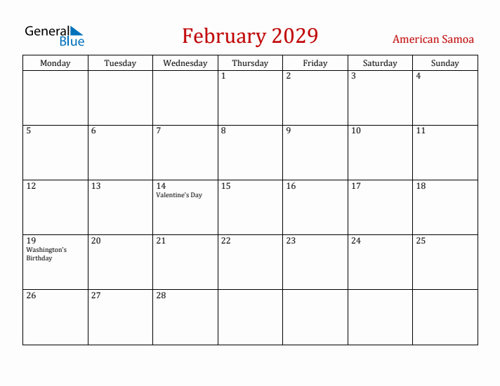 American Samoa February 2029 Calendar - Monday Start