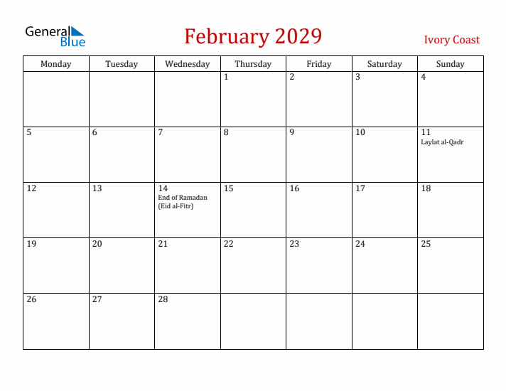 Ivory Coast February 2029 Calendar - Monday Start