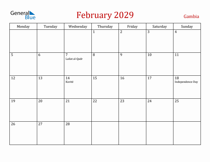 Gambia February 2029 Calendar - Monday Start