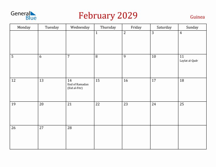Guinea February 2029 Calendar - Monday Start