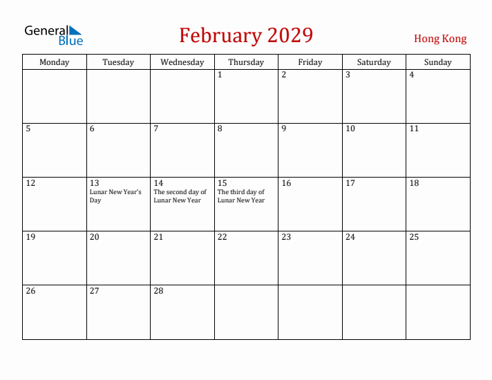 Hong Kong February 2029 Calendar - Monday Start
