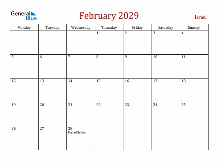 Israel February 2029 Calendar - Monday Start
