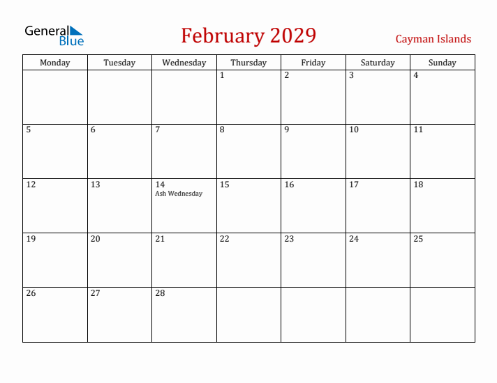 Cayman Islands February 2029 Calendar - Monday Start