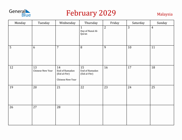 Malaysia February 2029 Calendar - Monday Start