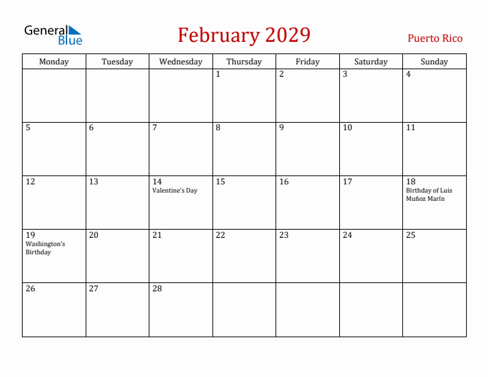 Puerto Rico February 2029 Calendar - Monday Start