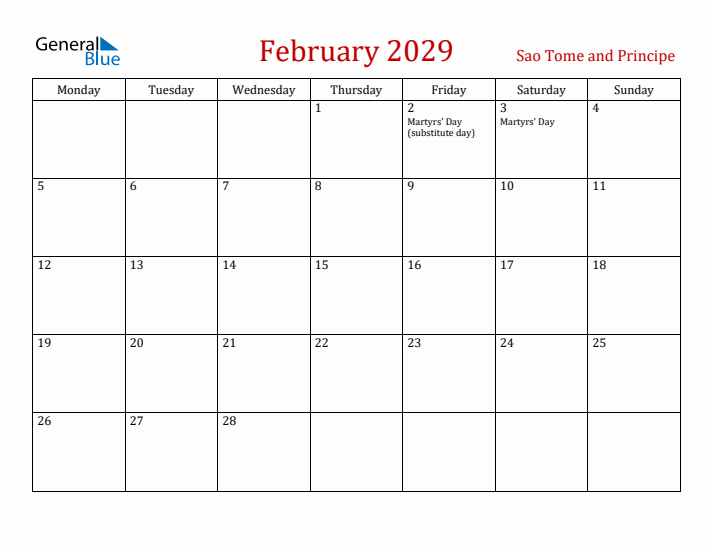 Sao Tome and Principe February 2029 Calendar - Monday Start