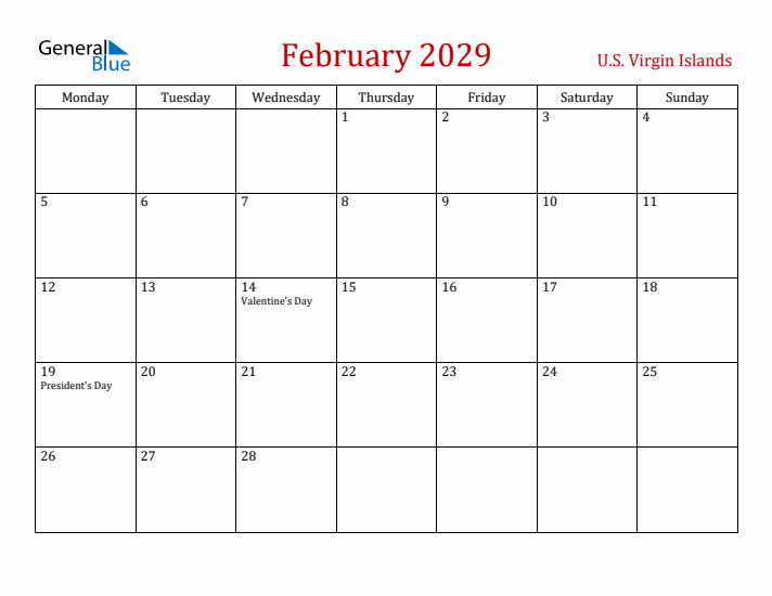 U.S. Virgin Islands February 2029 Calendar - Monday Start