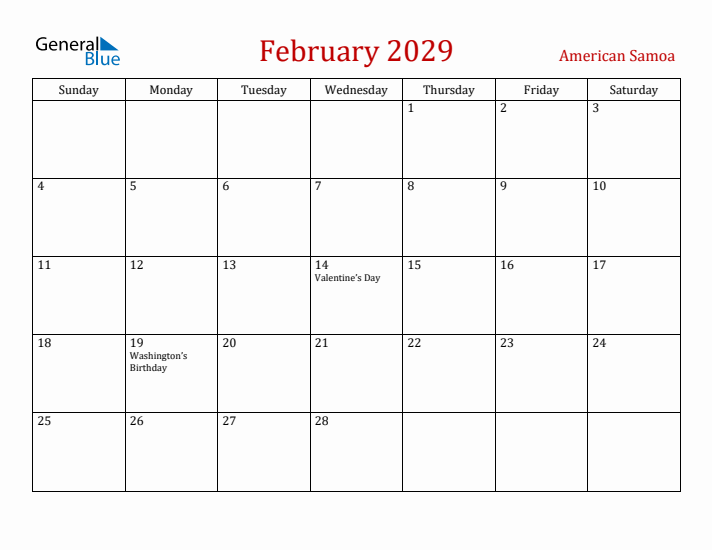 American Samoa February 2029 Calendar - Sunday Start