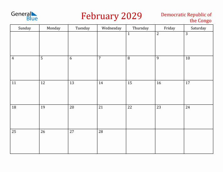 Democratic Republic of the Congo February 2029 Calendar - Sunday Start
