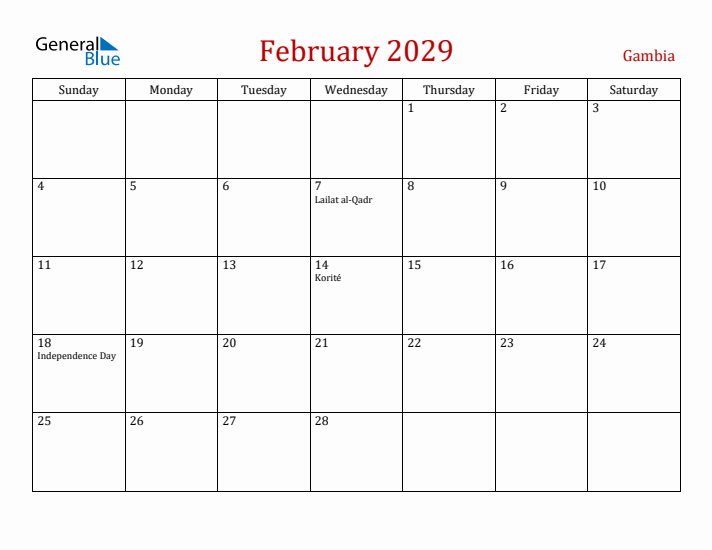 Gambia February 2029 Calendar - Sunday Start