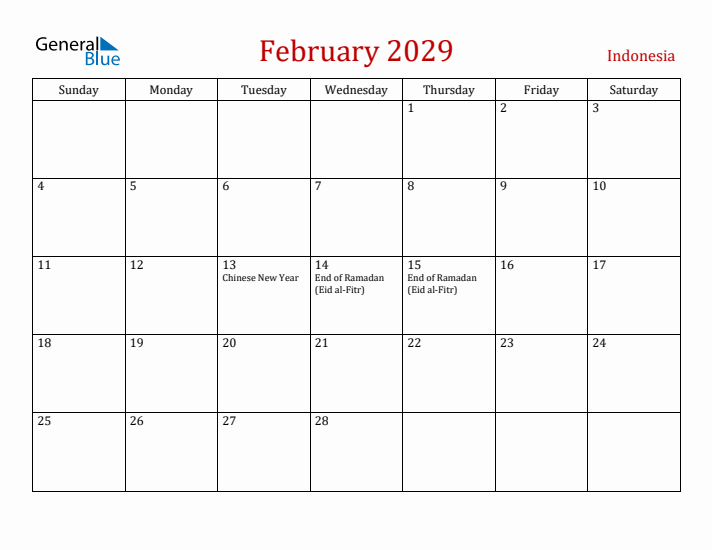 Indonesia February 2029 Calendar - Sunday Start