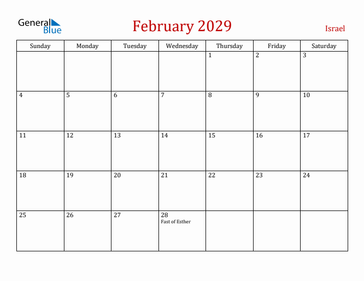 Israel February 2029 Calendar - Sunday Start