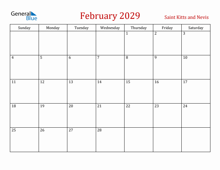 Saint Kitts and Nevis February 2029 Calendar - Sunday Start