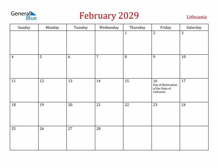Lithuania February 2029 Calendar - Sunday Start