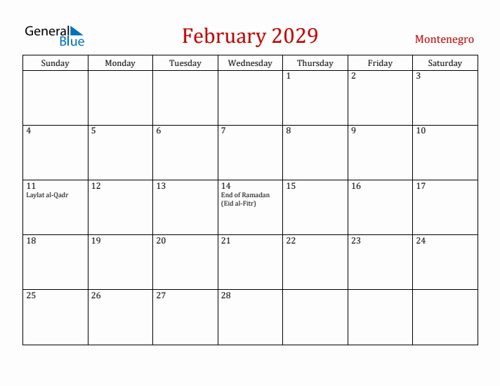 Montenegro February 2029 Calendar - Sunday Start
