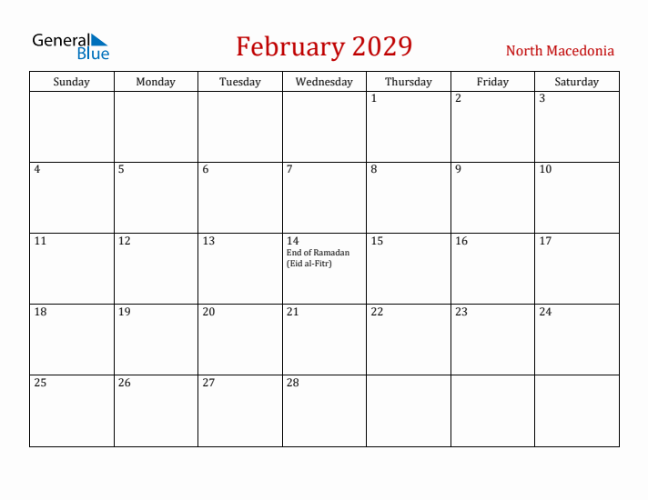North Macedonia February 2029 Calendar - Sunday Start