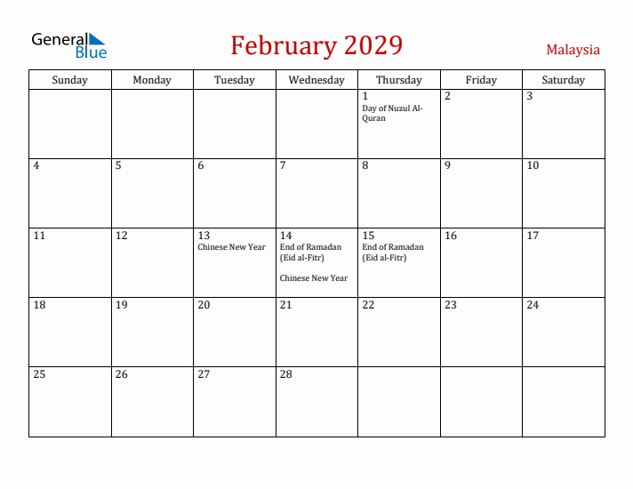 Malaysia February 2029 Calendar - Sunday Start