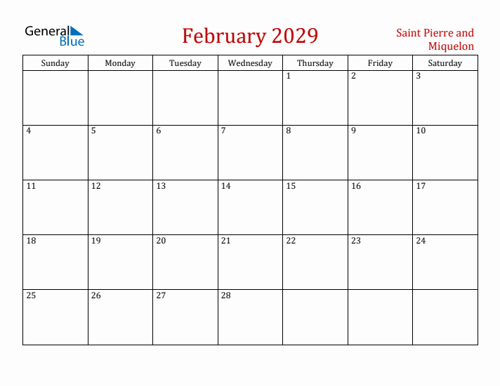 Saint Pierre and Miquelon February 2029 Calendar - Sunday Start