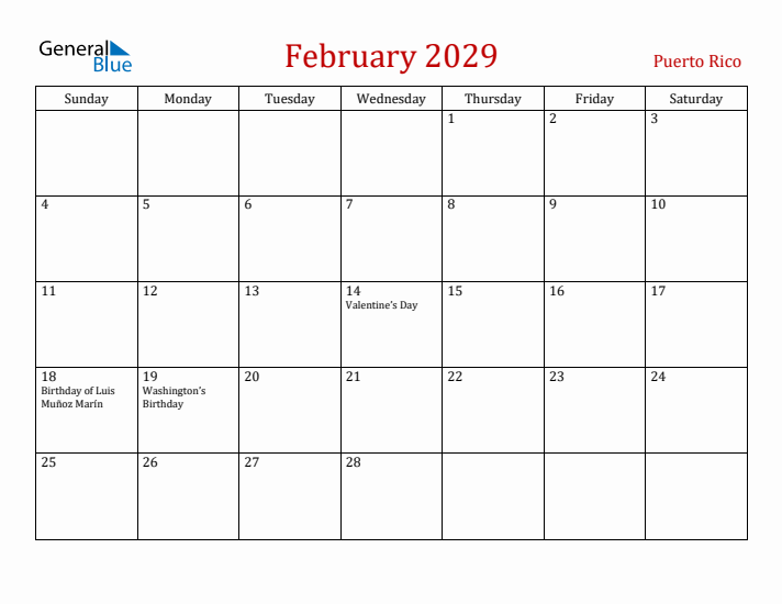 Puerto Rico February 2029 Calendar - Sunday Start