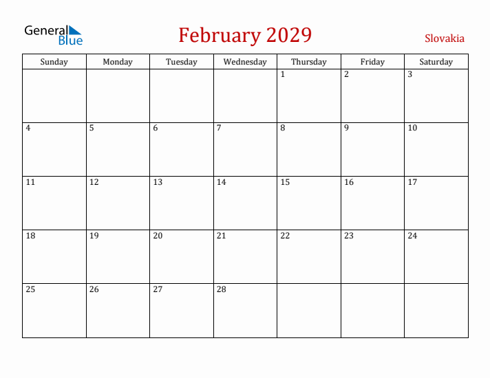 Slovakia February 2029 Calendar - Sunday Start