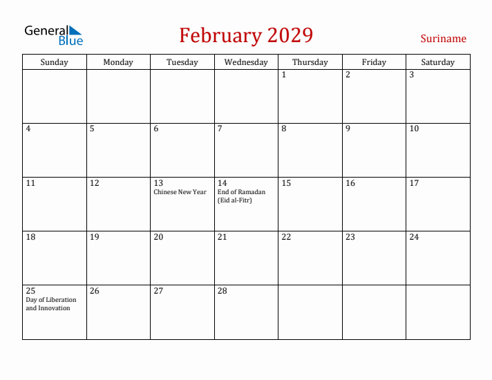 Suriname February 2029 Calendar - Sunday Start