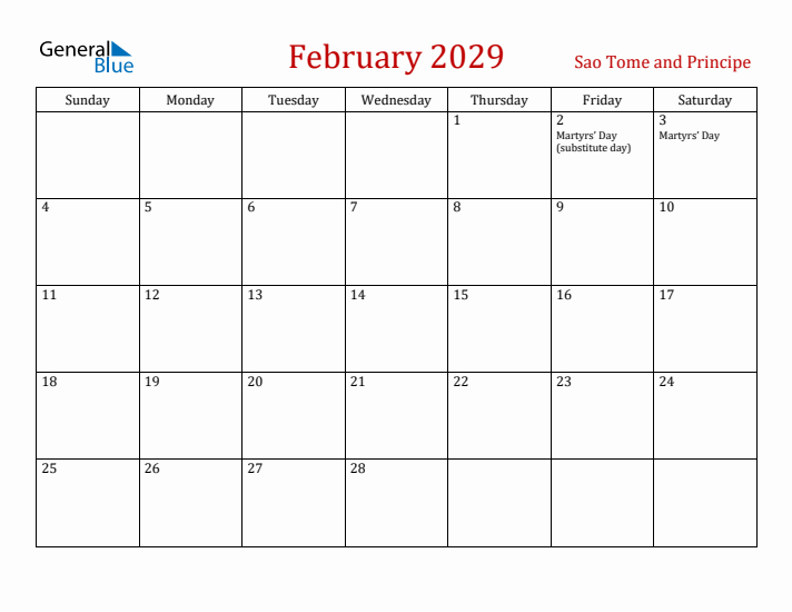 Sao Tome and Principe February 2029 Calendar - Sunday Start
