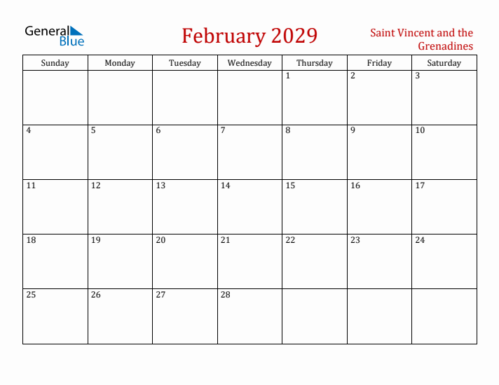 Saint Vincent and the Grenadines February 2029 Calendar - Sunday Start