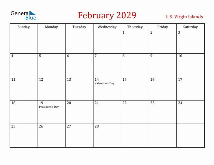 U.S. Virgin Islands February 2029 Calendar - Sunday Start