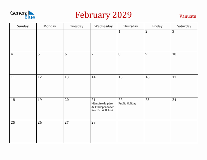Vanuatu February 2029 Calendar - Sunday Start