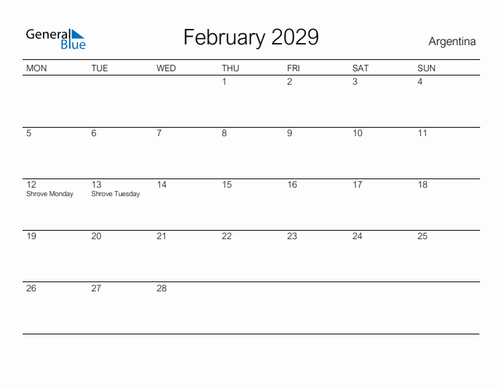 Printable February 2029 Calendar for Argentina