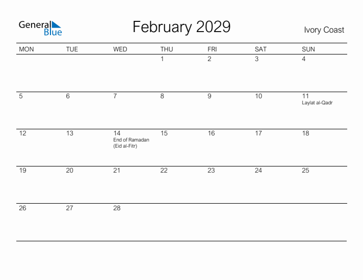 Printable February 2029 Calendar for Ivory Coast