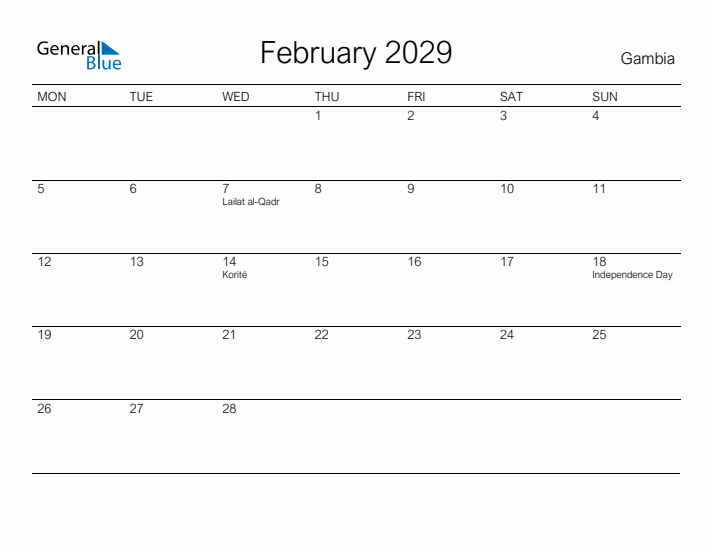 Printable February 2029 Calendar for Gambia